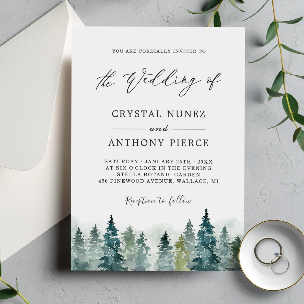 Elegant Winter Forest Pine Trees Wedding Invitation