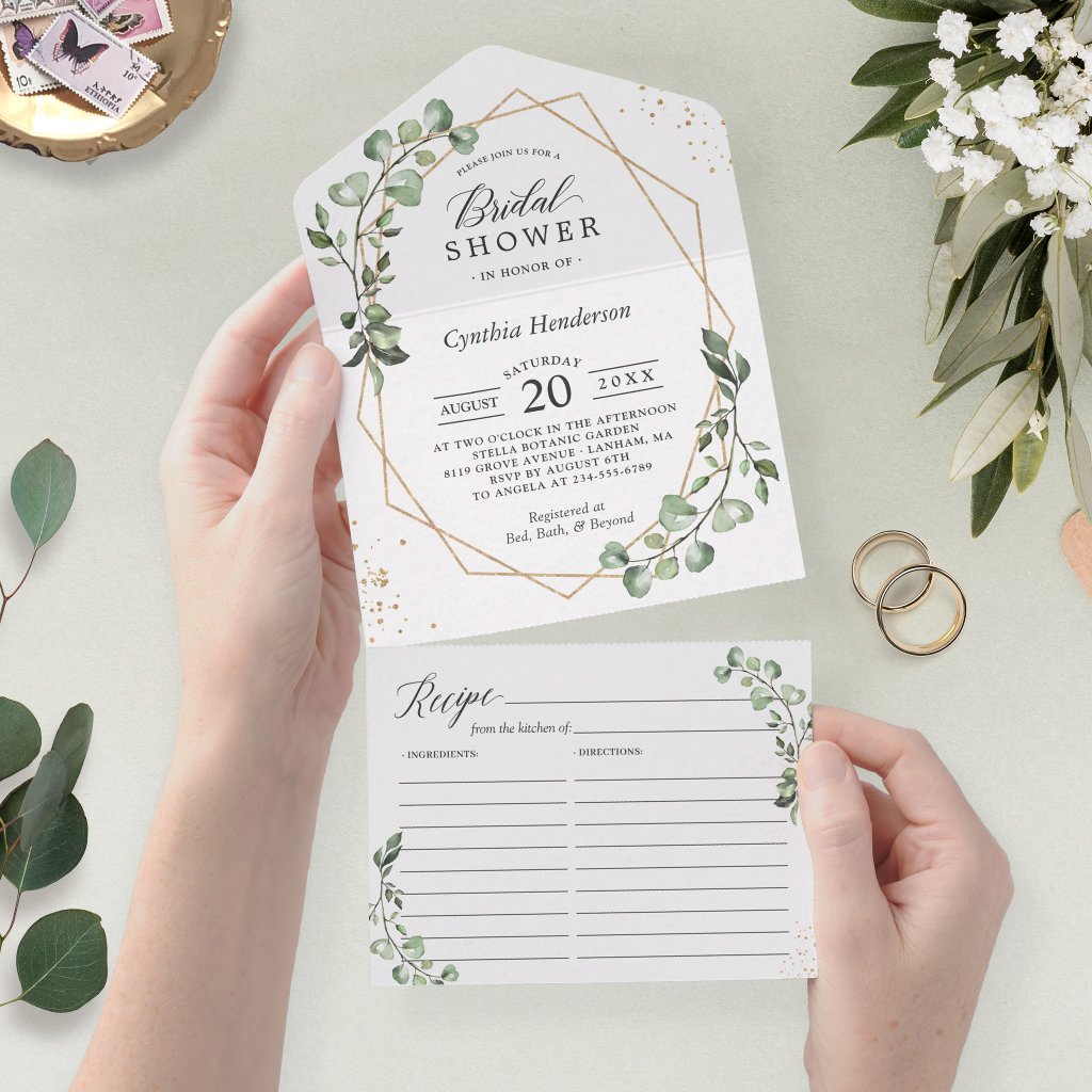 Eucalyptus Leaves Geometric Recipe Bridal Shower All In One Invitation