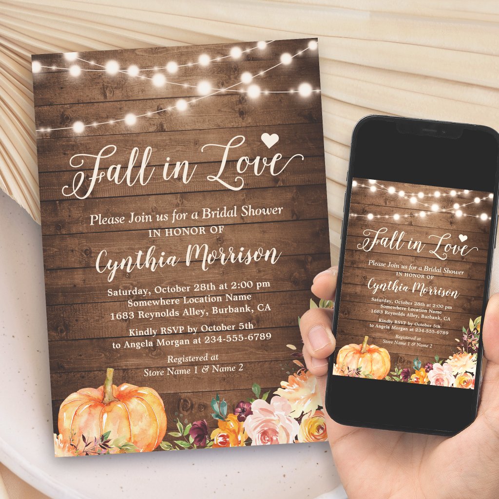 Fall in Love Bridal Shower Rustic Pumpkin Floral Invitation