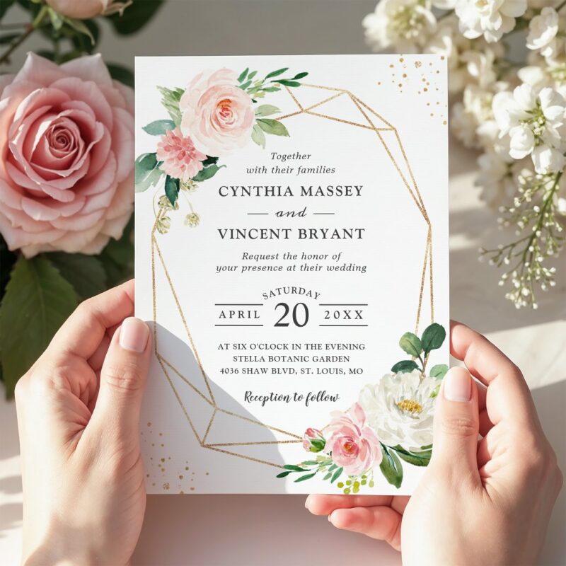 Geometric Elegance Blush Pink Floral Wedding Invitation