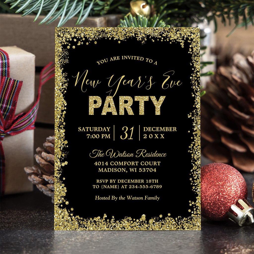 Gold Glitters Border Typography New Year's Party Invitation