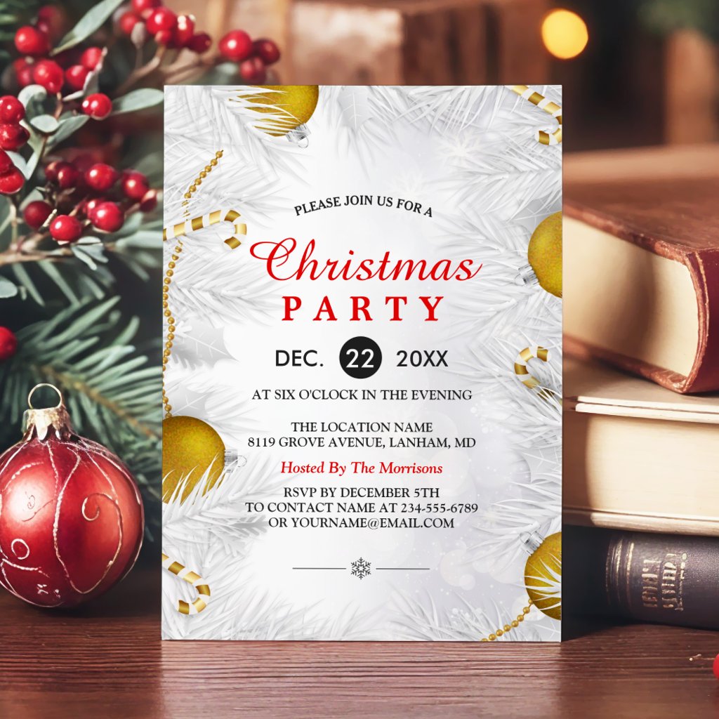 Golden Ornament Silver White Christmas Party Invitation