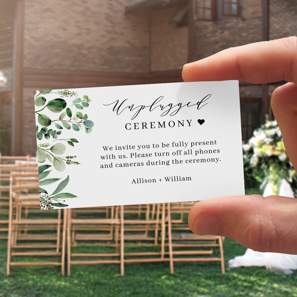 Green Eucalyptus Leaves Unplugged Wedding Ceremony Enclosure Card