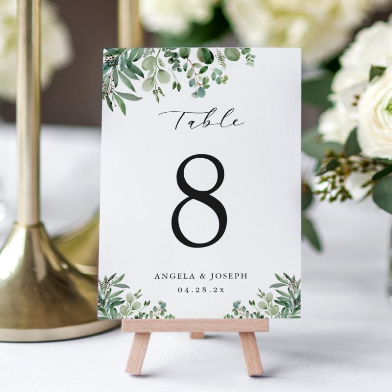 Green Eucalyptus Leaves Wedding Table Number Card