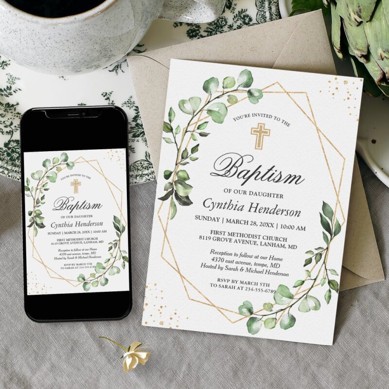 Greenery Eucalyptus Geometric Baptism Christening Invitation