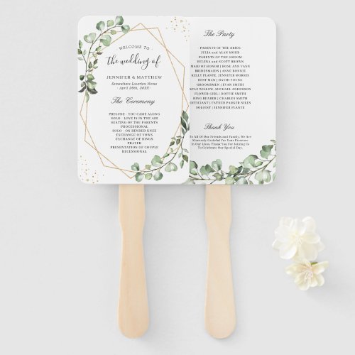 Greenery Eucalyptus Gold Geometric Wedding Program Hand Fan