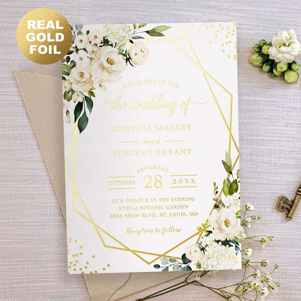 Greenery White Floral Geometric Wedding Real Gold  Foil Invitation