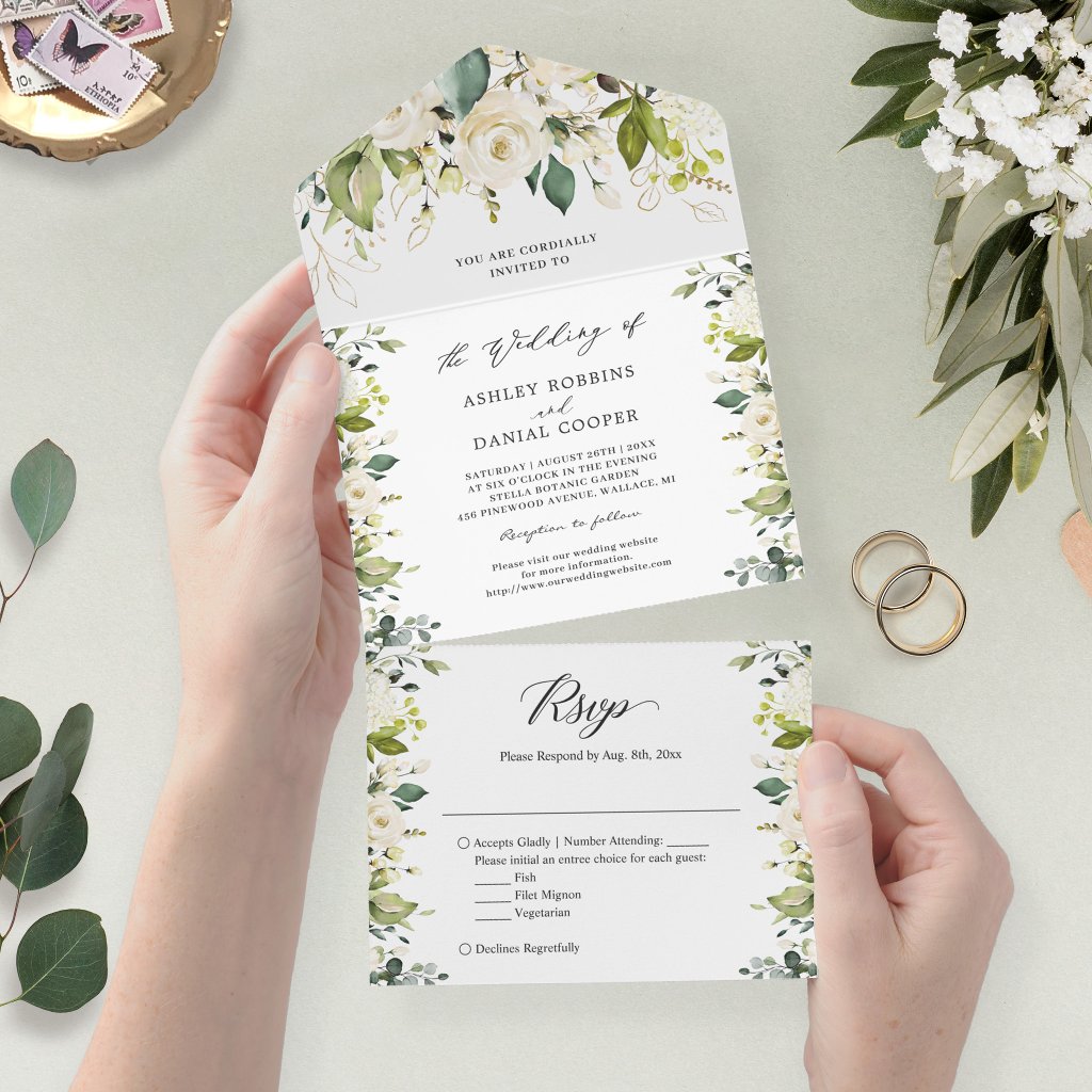 Greenery White Gold Floral Wedding Details RSVP All In One Invitation