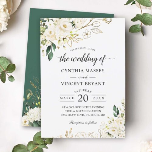 Greenery white rose floral gold leaves wedding invitation r v4p9h5 1024