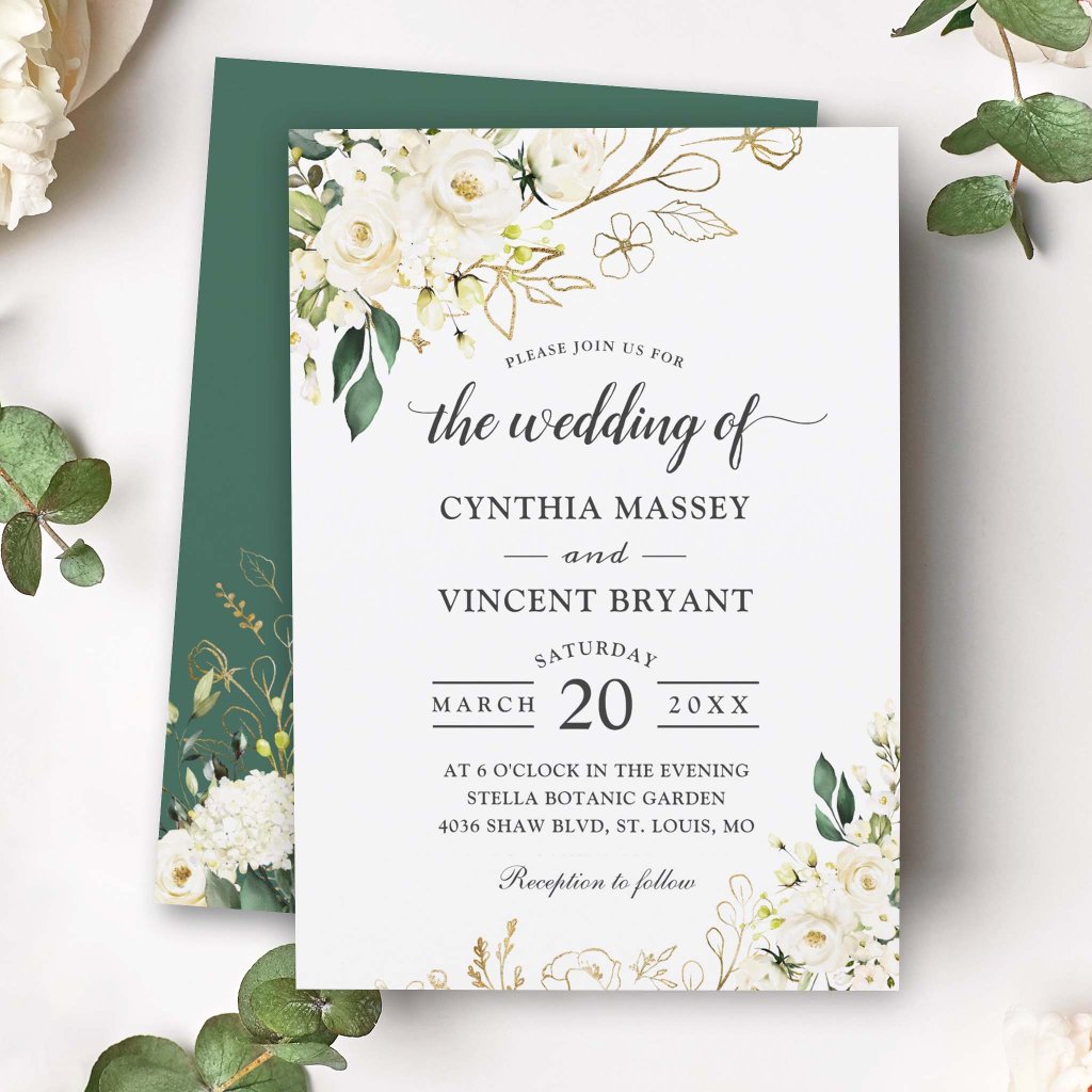 Greenery White Rose Floral Gold Leaves Wedding Invitation