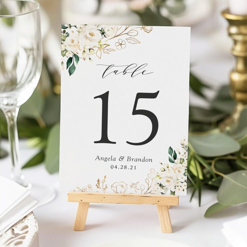 Greenery White Roses Floral Wedding Table Number