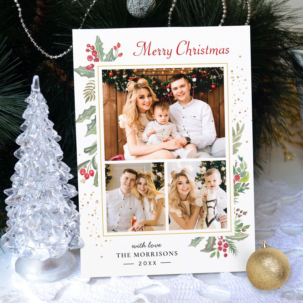Holly Berries Elegant Chic Merry Christmas 3 Photo Holiday Card