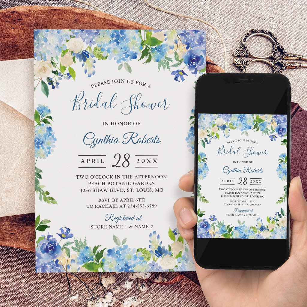 Light Blue Hydrangeas Floral Wreath Bridal Shower Invitation