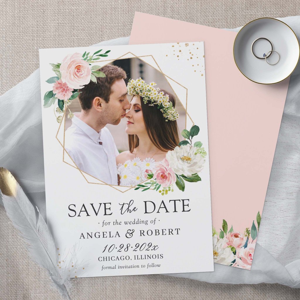 Modern Elegance Blush Floral Geometric Photo Frame Save The Date
