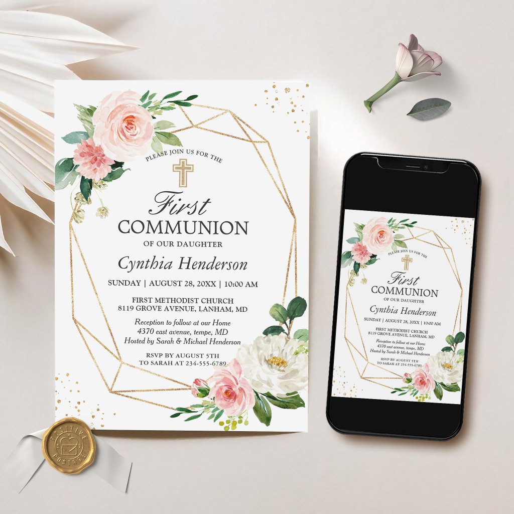 Modern Elegance Blush Pink Floral First Communion Invitation