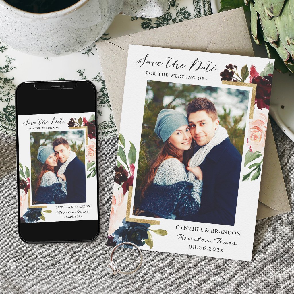 Modern Frame Burgundy Blush Floral Photo Save The Date