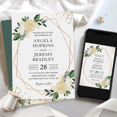 Modern geometric frame nature green floral wedding invitation r vsh1r5 1024