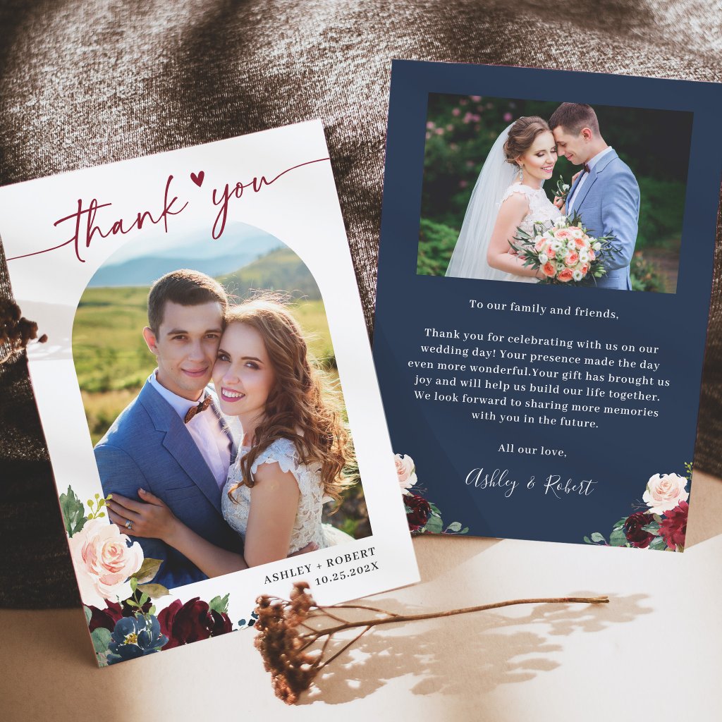 Navy Blue Burgundy Floral Arch Wedding Photo Thank You Card
