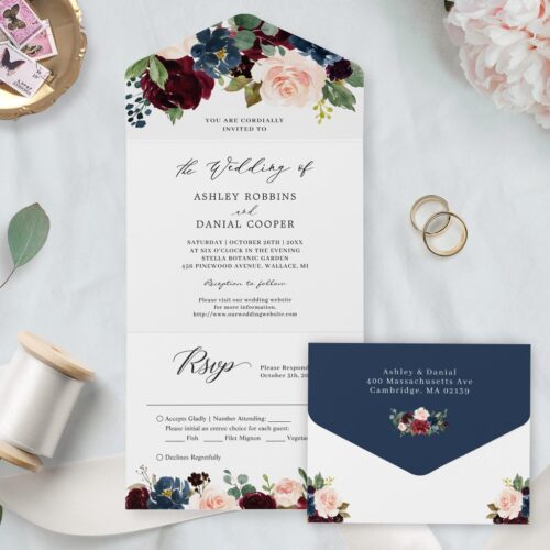Navy burgundy blush floral wedding details rsvp all in one invitation r vsatk9 1024
