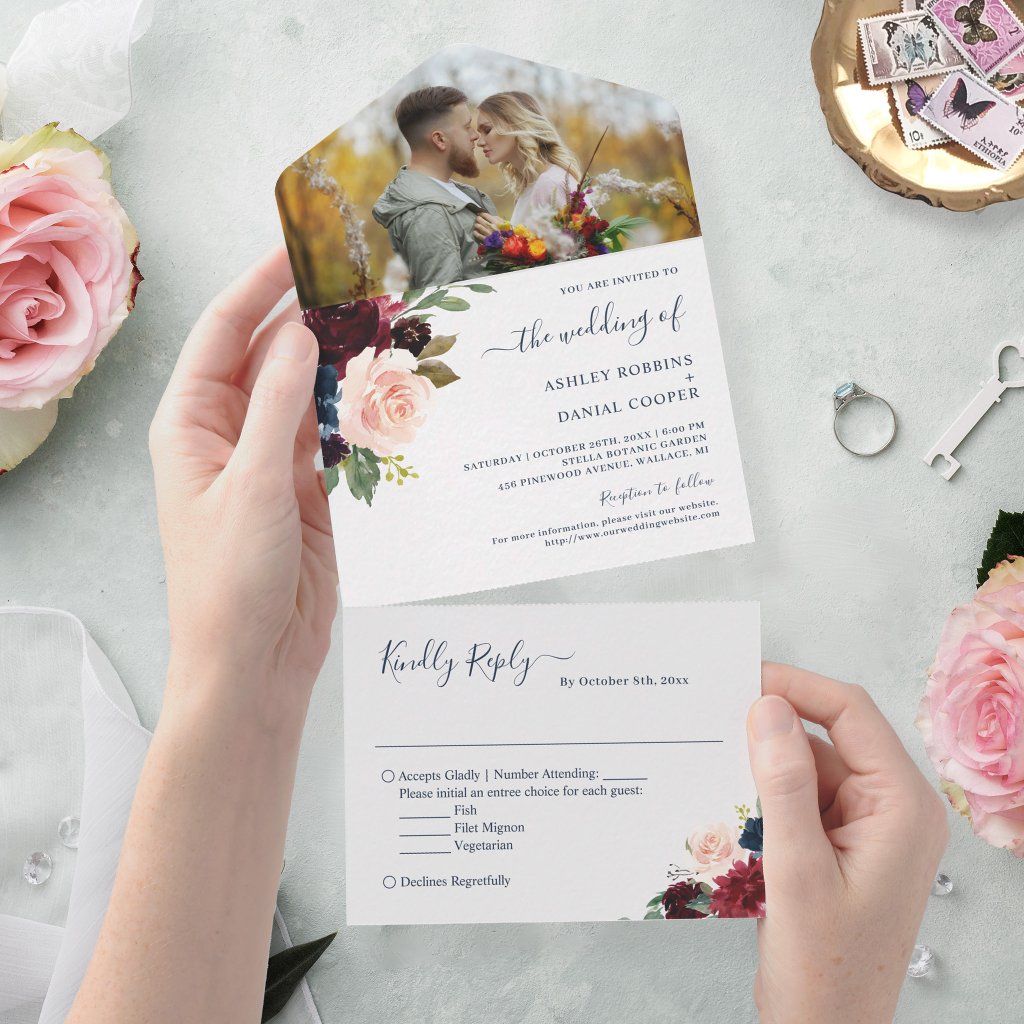Navy Burgundy Botanical Floral Wedding Photo All In One Invitation