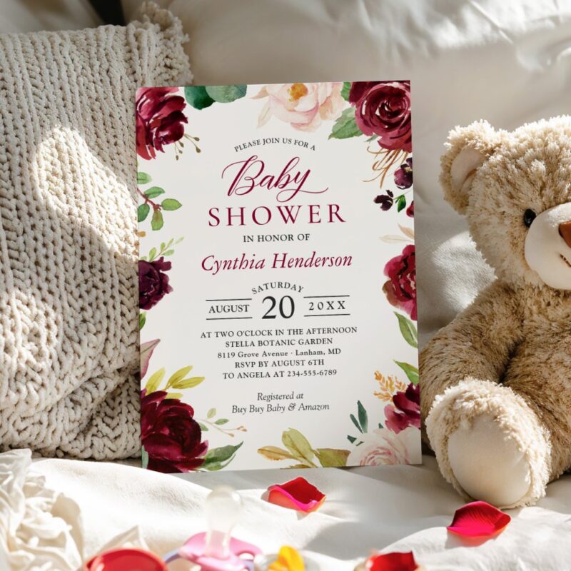 New! Lovely Cute Blush Burgundy Floral Baby Shower Invitation