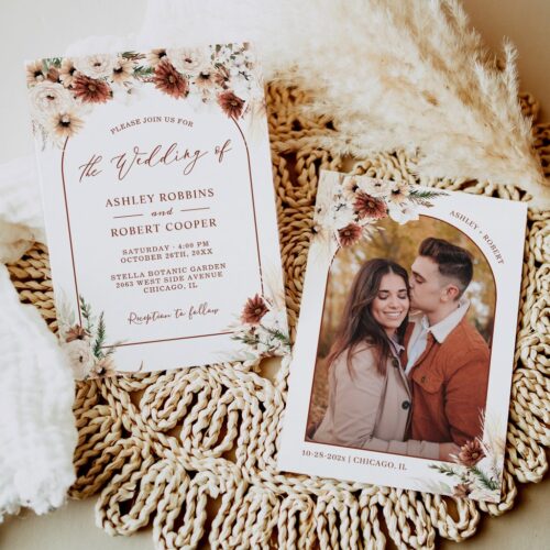 Pampas grass boho terracotta arch photo wedding invitation r vsaten 1024