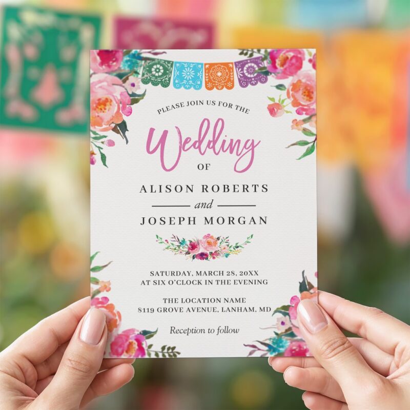 Papel Picado Bloom Flowers Mexican Style Wedding Invitation