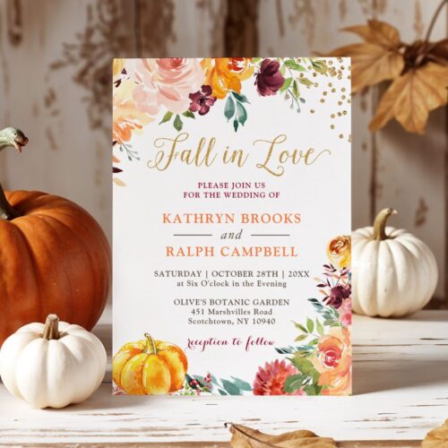 Pumpkin fall in love botanical floral gold wedding invitation r wdxpm2 1024