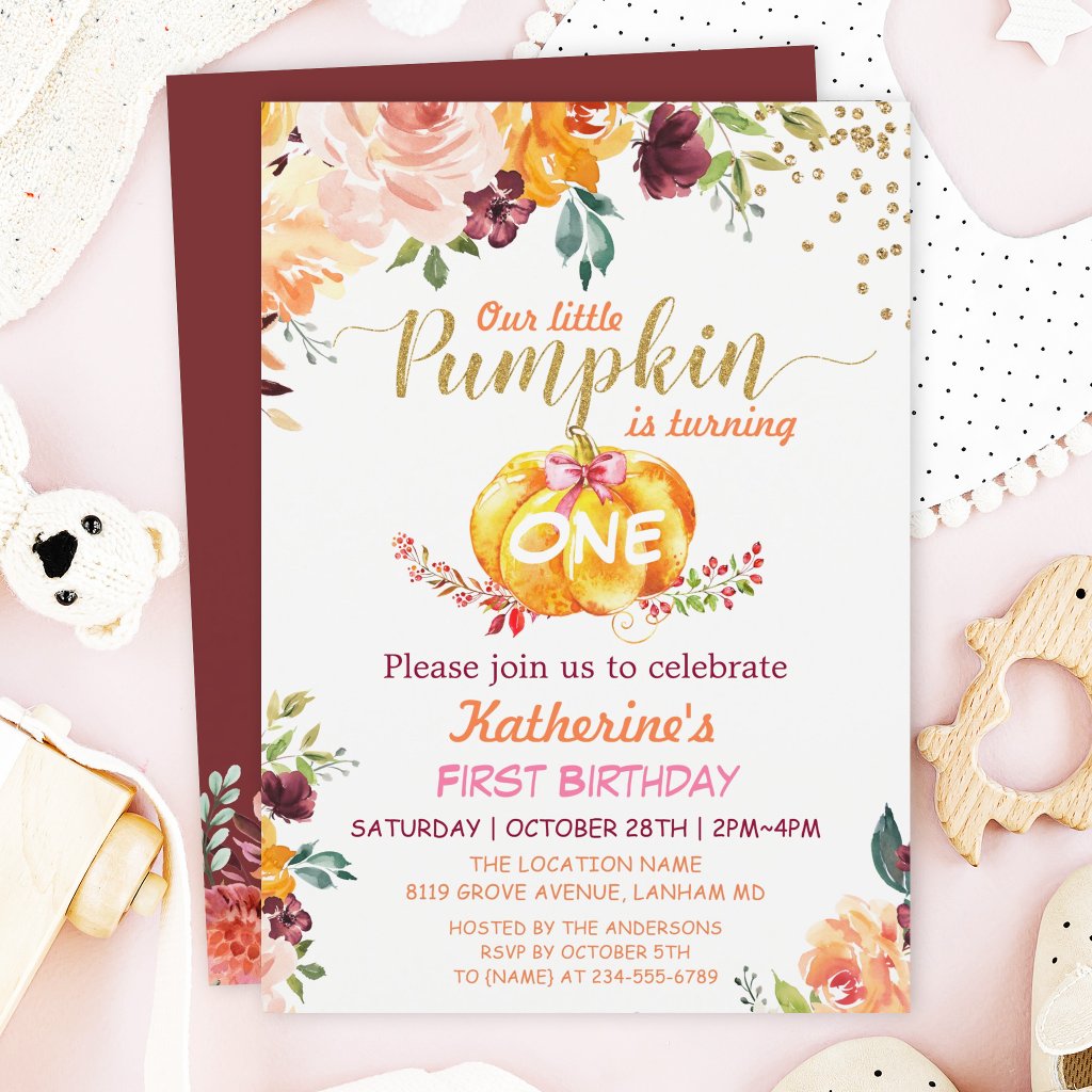 Pumpkin Kids Birthday Party Fall Burgundy Floral Invitation