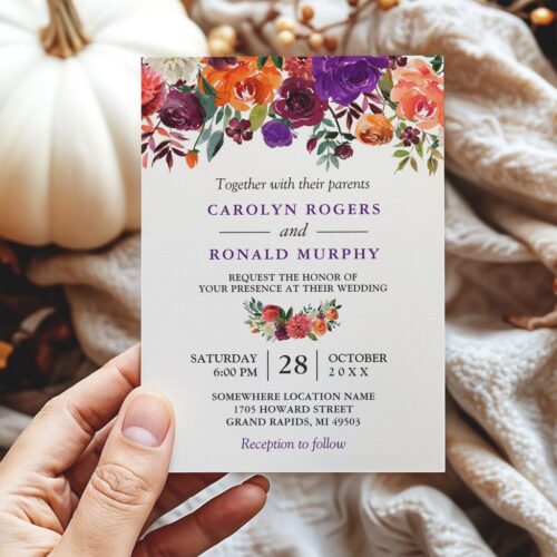Purple burgundy orange floral vineyard wedding invitation r wdigyr 1024