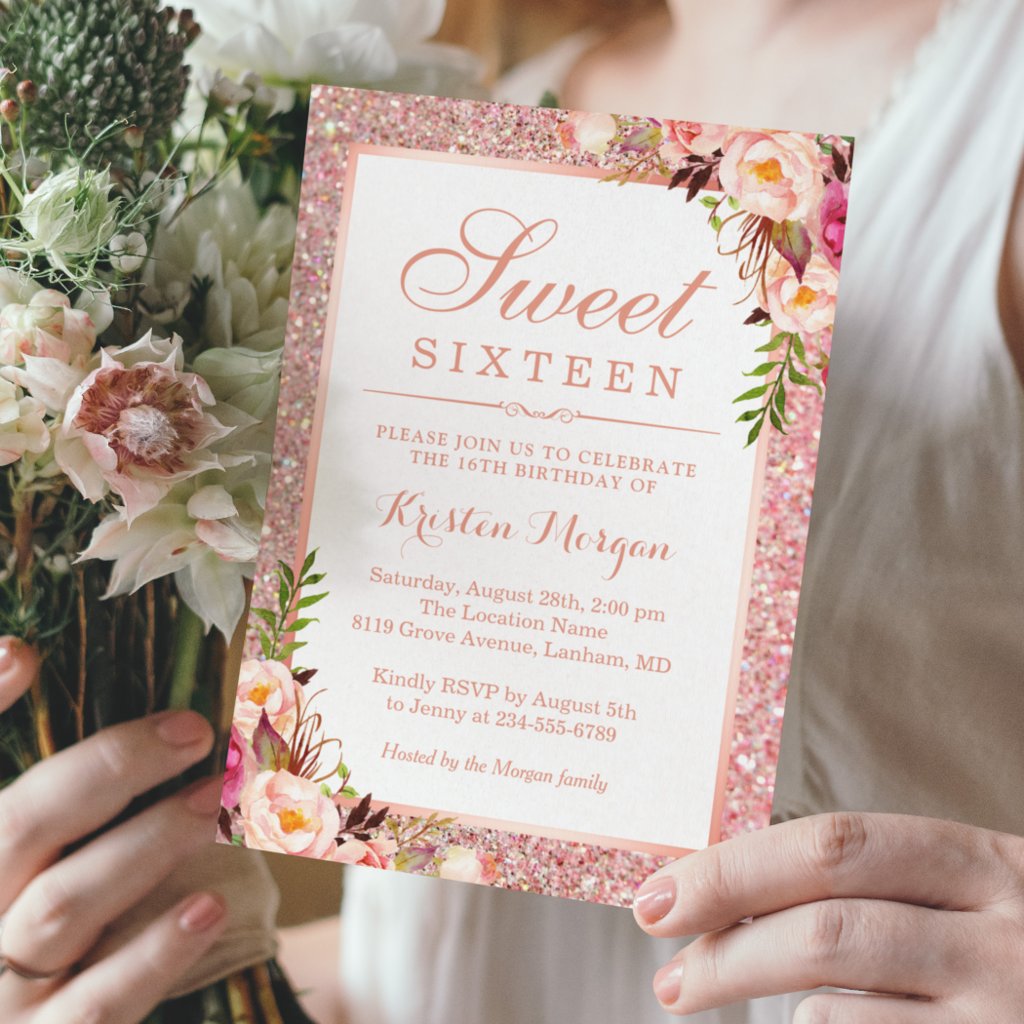 Rose Gold Glitter Pink Floral Sweet 16 Birthday Invitation