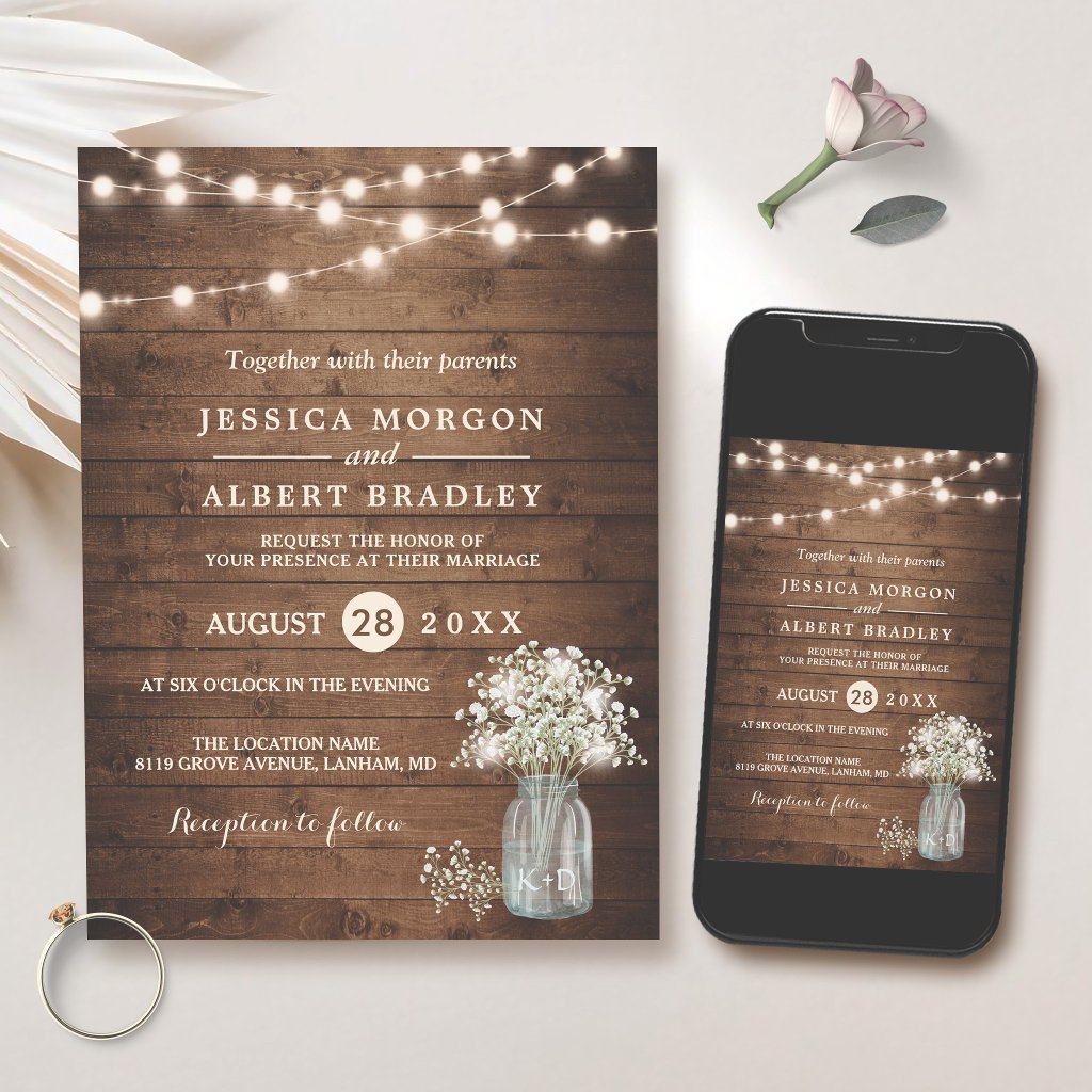 Rustic Baby's Breath String Lights Formal Wedding Invitation