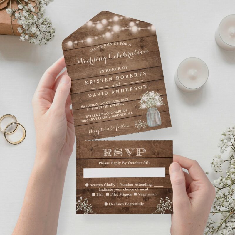Rustic Baby's Breath String Lights Wedding All In One Invitation
