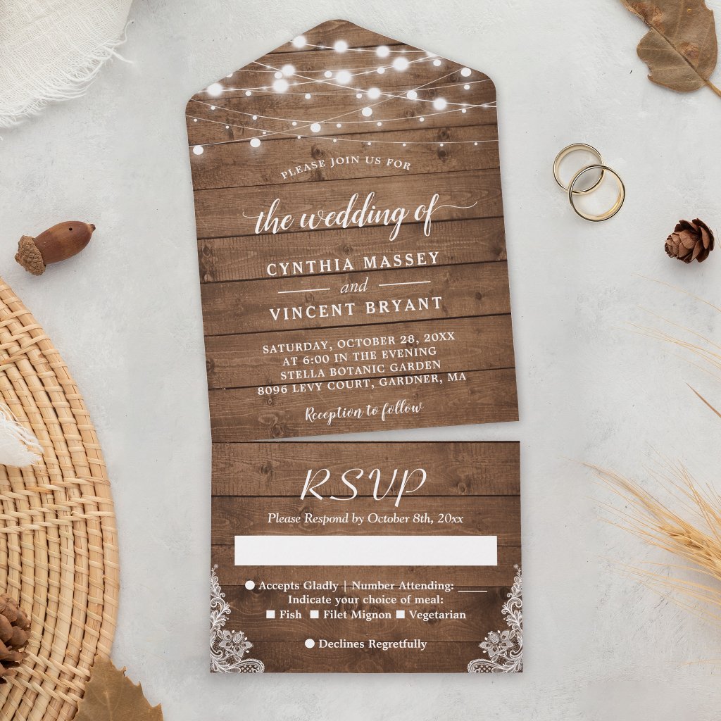 Rustic Barn Wood Twinkle Lights Wedding All In One Invitation