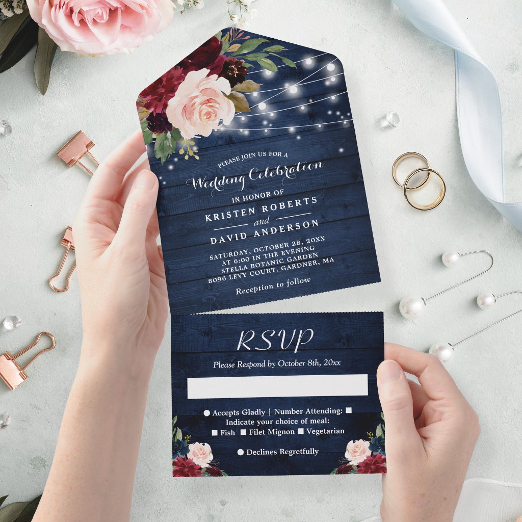 Rustic Blue Burgundy Floral String Lights Wedding All In One Invitation