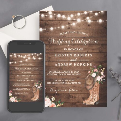 Rustic boots cowboy cowgirl floral lights wedding invitation r vshe1x 1024