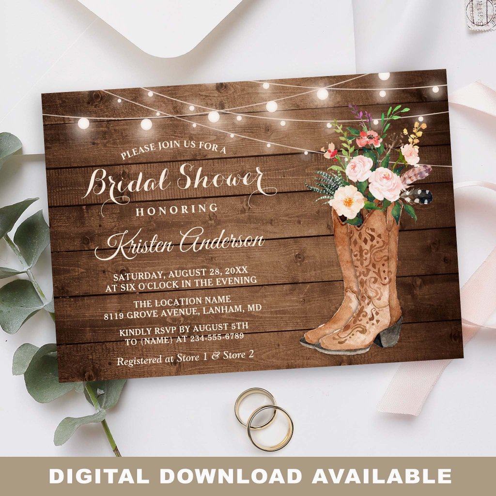 Rustic Boots Floral String Lights Bridal Shower Invitation