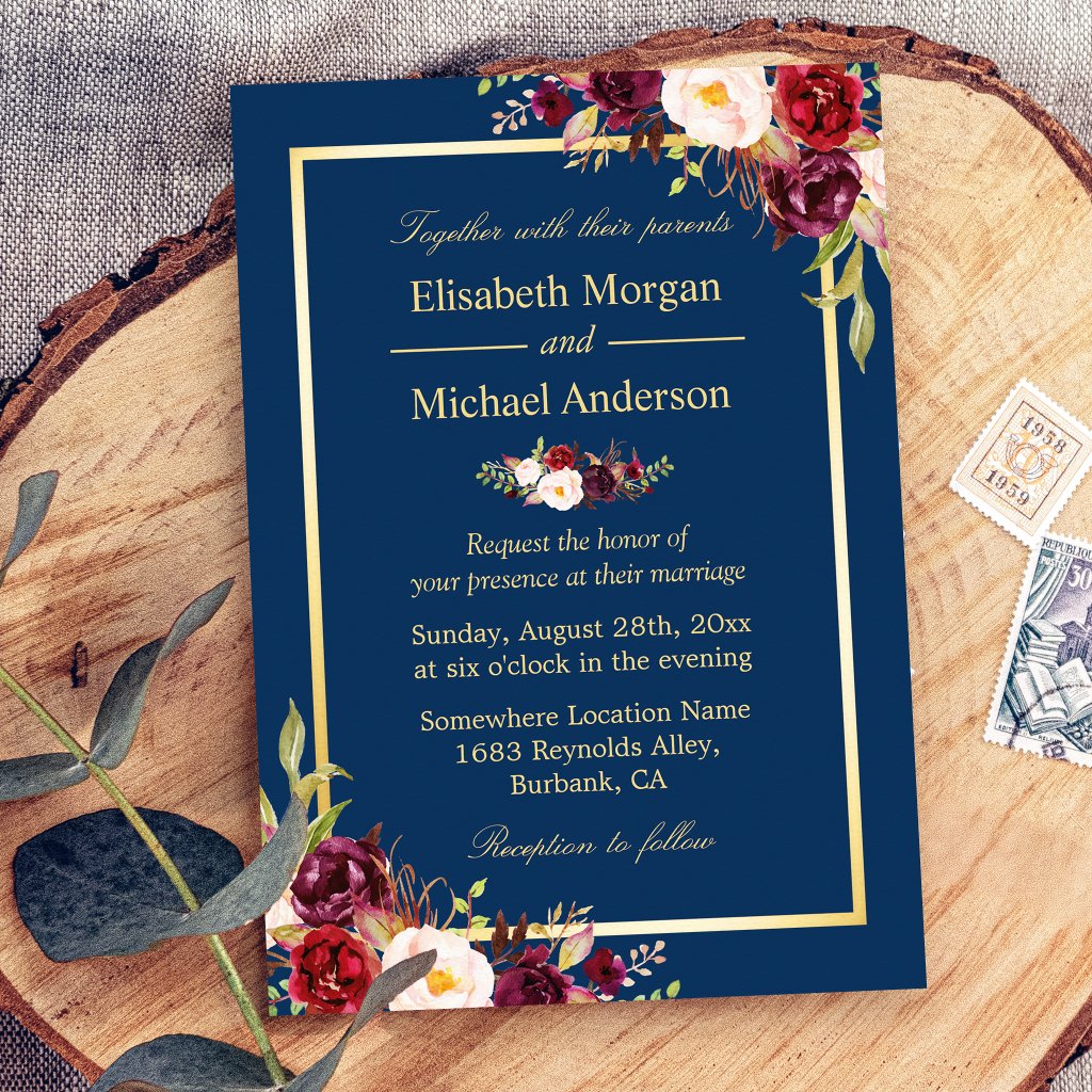 Rustic Burgundy Floral Gold Navy Blue Wedding Invitation