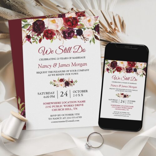 Rustic burgundy red floral wedding vow renewal invitation r vshlbt 1024