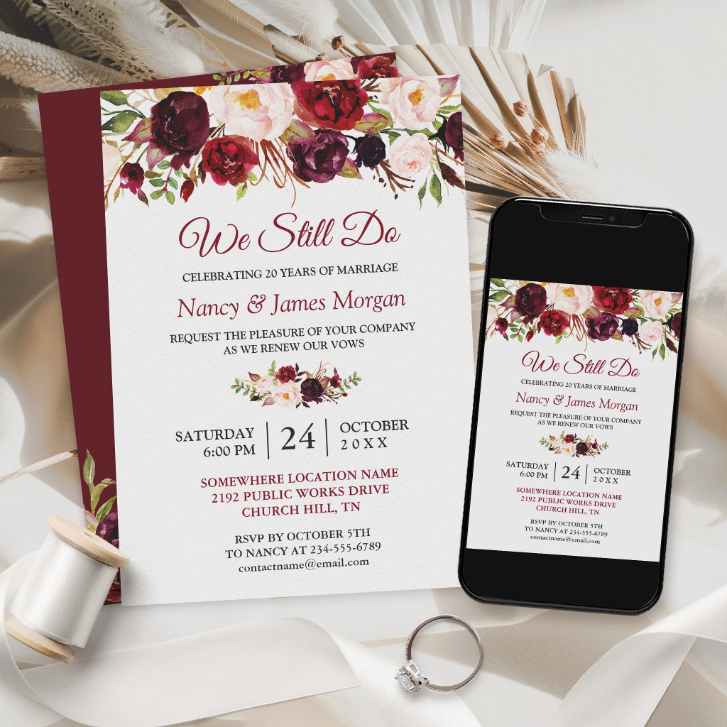 Rustic Burgundy Red Floral Wedding Vow Renewal Invitation