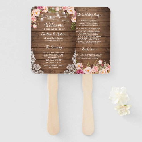 Rustic Country Floral String Light Wedding Program Hand Fan