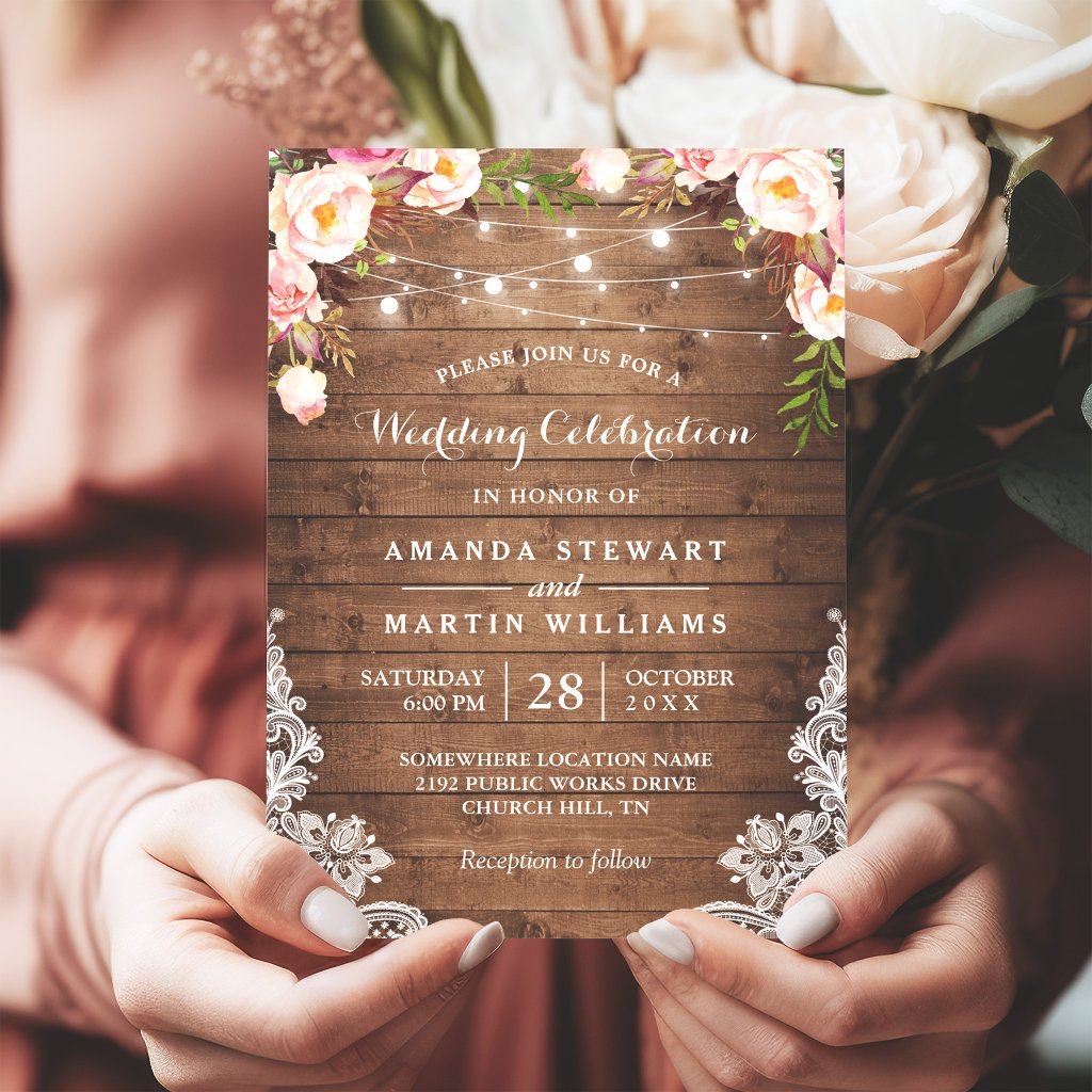 Rustic Country String Lights Floral Lace Wedding Invitation