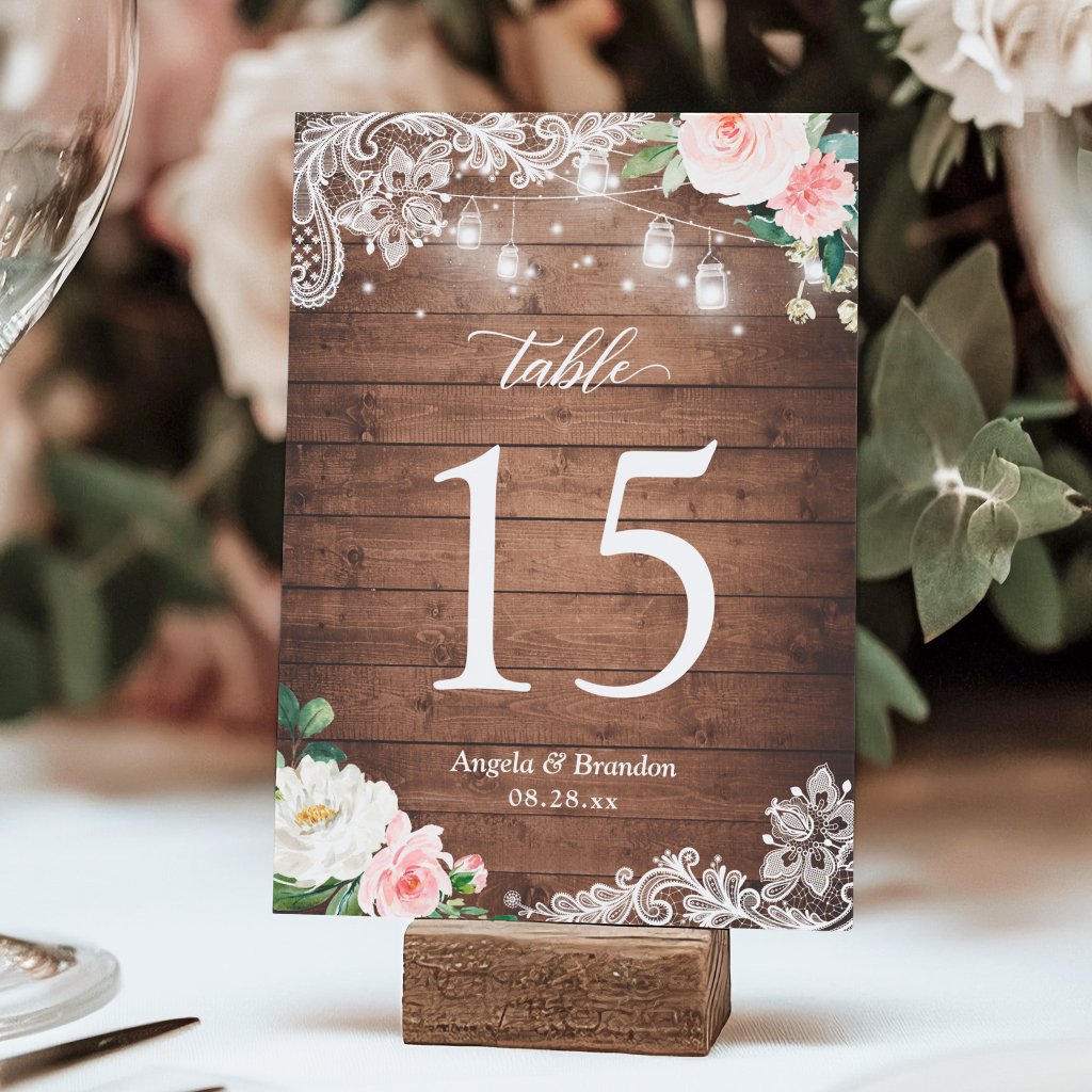 Rustic Mason Jar Lights Lace Floral Wedding Table Number