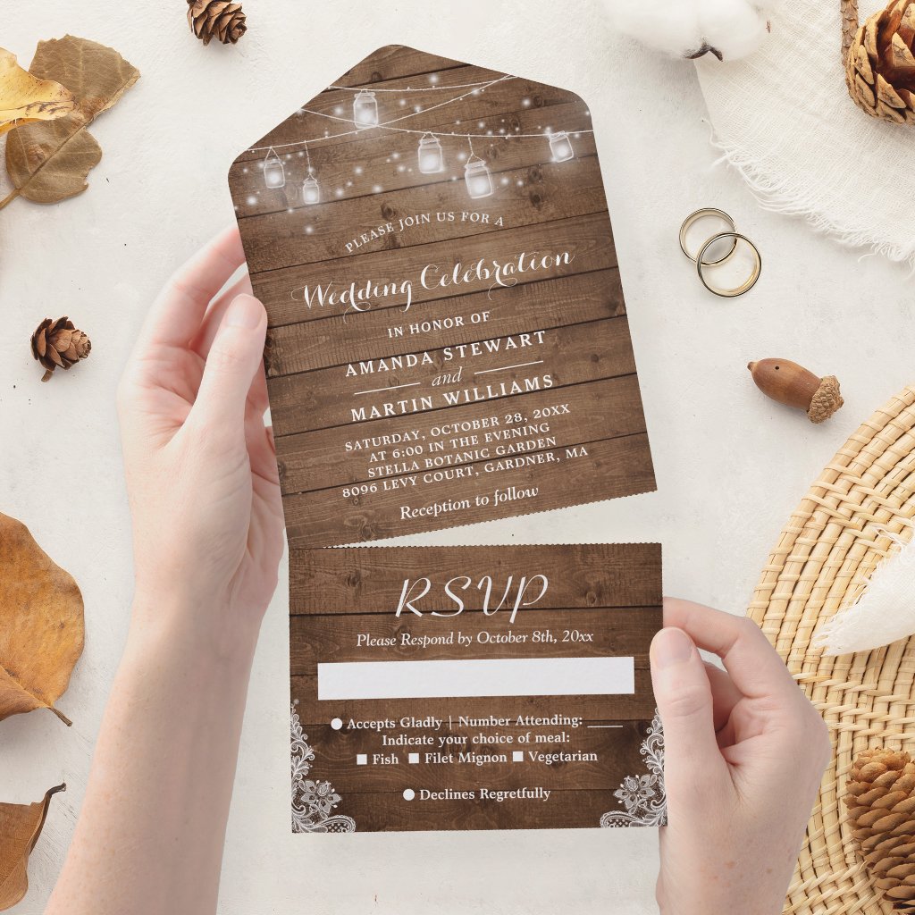 Rustic Mason Jar String Lights Country Wedding All In One Invitation