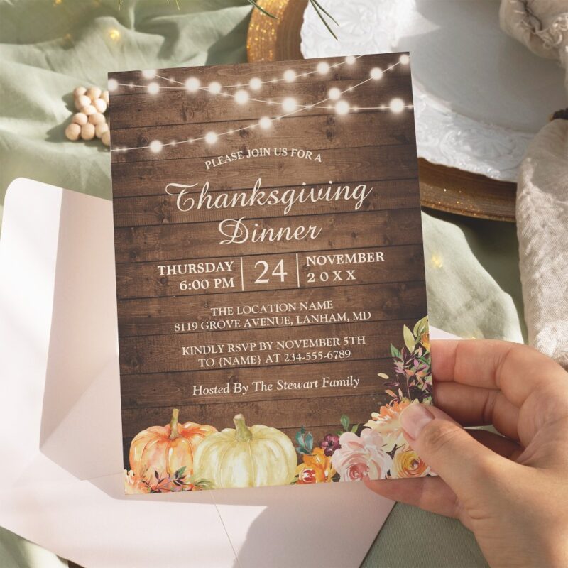 Rustic Pumpkin String Lights Thanksgiving Dinner Invitation