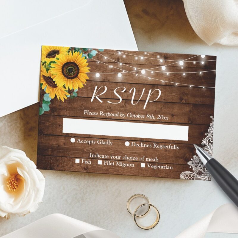 Rustic Sunflower Eucalyptus String Lights Wedding RSVP Card