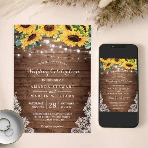 Rustic sunflower string lights summer fall wedding invitation r vsh0th 1024