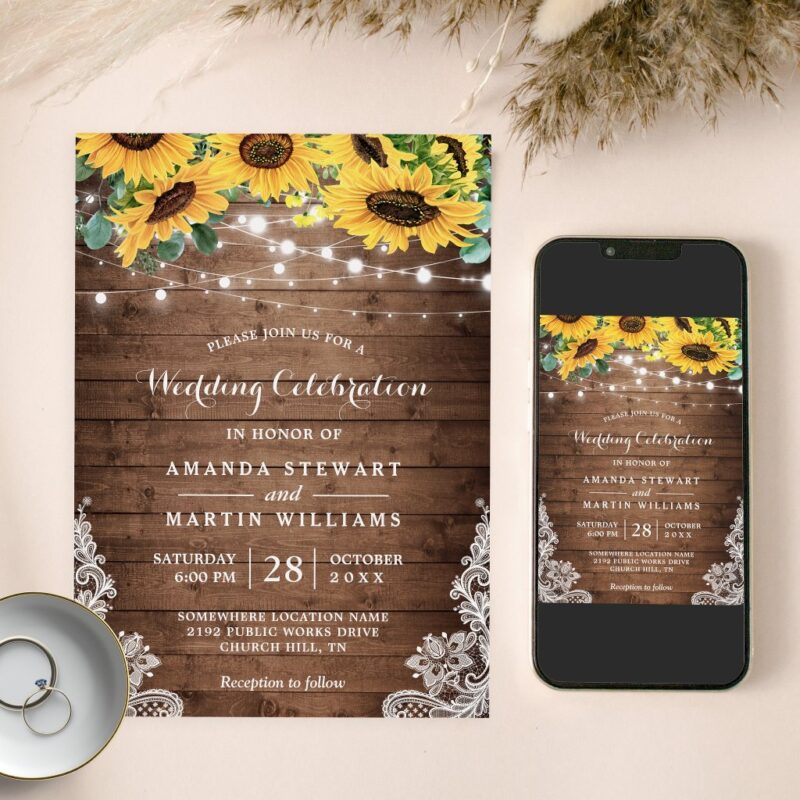 Rustic Sunflower String Lights Summer Fall Wedding Invitation