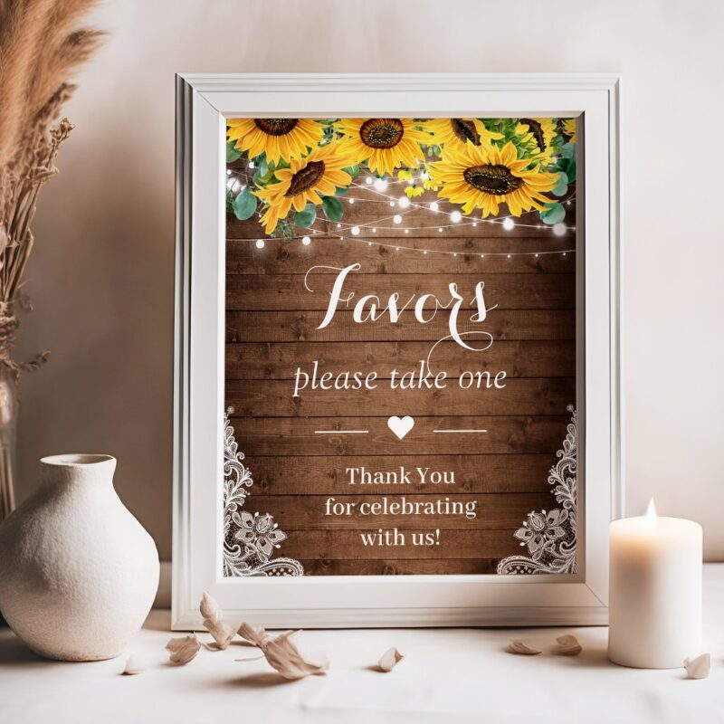 Rustic Sunflower String Lights Wedding Favors Sign