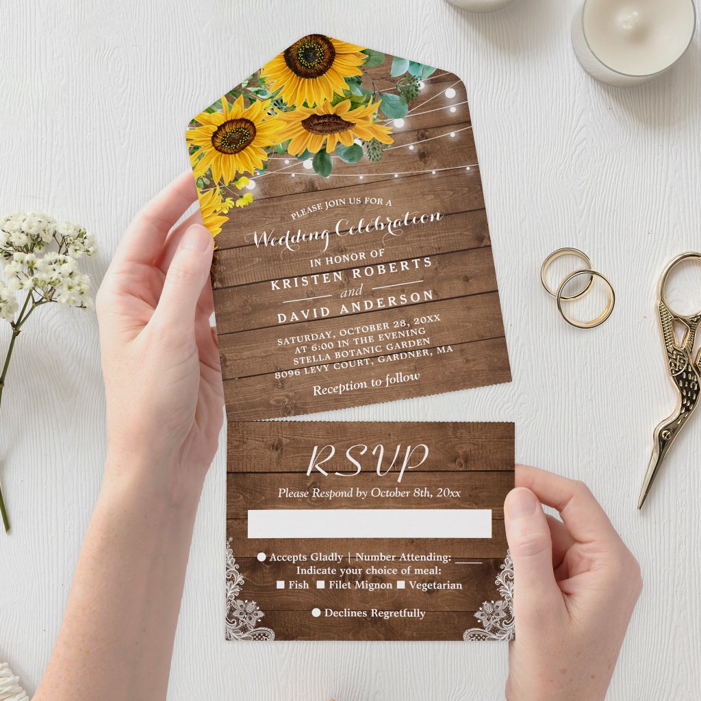 Rustic Sunflowers String Lights Lace Wedding All In One Invitation